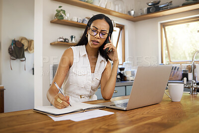 Buy stock photo Business woman, professional and entrepreneur on phone call talking while working remote on laptop in home. Freelancer answering to chat, network and consulting while planning notes