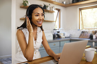 Buy stock photo Remote call center, telemarketing or support crm worker who help clients, customer and smile. Woman on a laptop, with a headset and working as a customer service or contact us professional from home 