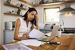 Stress, burnout or woman with work headache in kitchen from house mortgage, tax or paper audit error. Tired, sad and employee with mental health from job contract, compliance or budget report at home