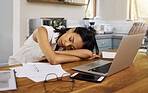 Sleeping, burnout and tired business woman exhausted after home office working hours, overtime and sleepless or restless night. Overworked, sleepy and professional finance woman lying out on table