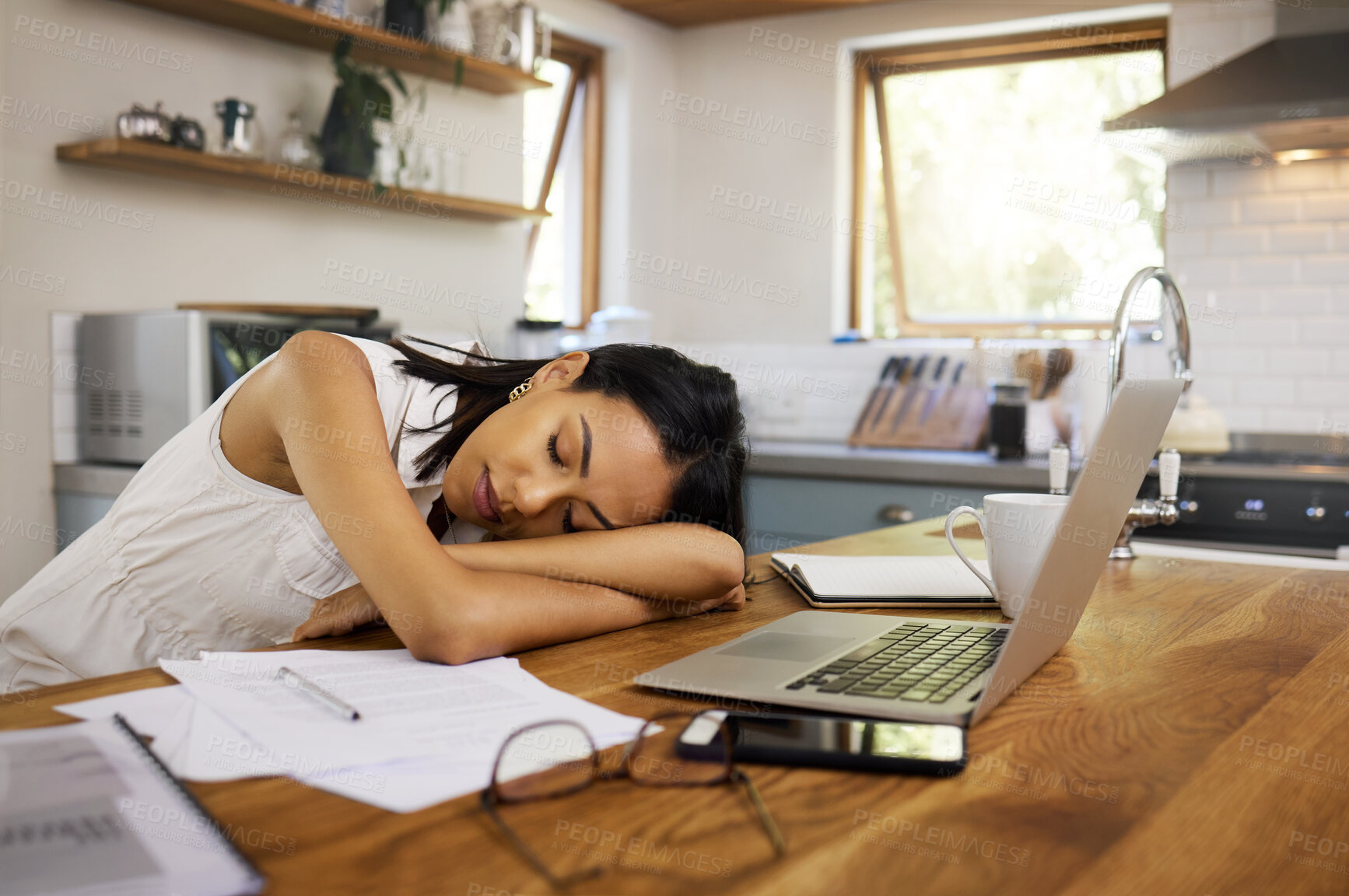 Buy stock photo Sleeping, tired and burnout business woman feeling exhausted after overtime and dreaming while suffering from sleep apnea problem and insomnia. Overworked, sleepy and lazy female lying head at home