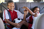Soccer, happy girls and travel in car to competition, match or game in suv or van. Comic, transport and young playful kids or children traveling in vehicle for football practice, exercise or workout.