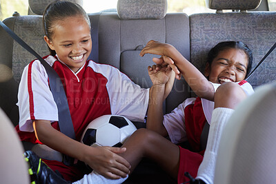 Buy stock photo Soccer, happy girls and travel in car to competition, match or game in suv or van. Comic, transport and young playful kids or children traveling in vehicle for football practice, exercise or workout.