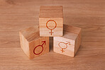 Wood block, transgender and sex equality backgrounds of male, female and lgbtq identity sign, choice and symbols. Closeup design of gender icons cube, social binary transformation and sexuality label