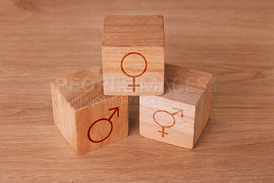 Buy stock photo Wood block, transgender and sex equality backgrounds of male, female and lgbtq identity sign, choice and symbols. Closeup design of gender icons cube, social binary transformation and sexuality label