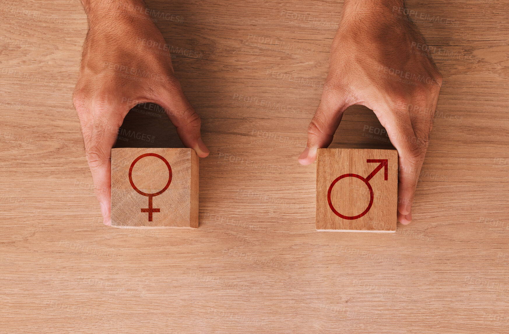 Buy stock photo Wood block, gender and sex equality backgrounds of male, female and identity sign, choice and symbols. Closeup sexuality icons cube for fair opportunity, human rights bias and social transformation