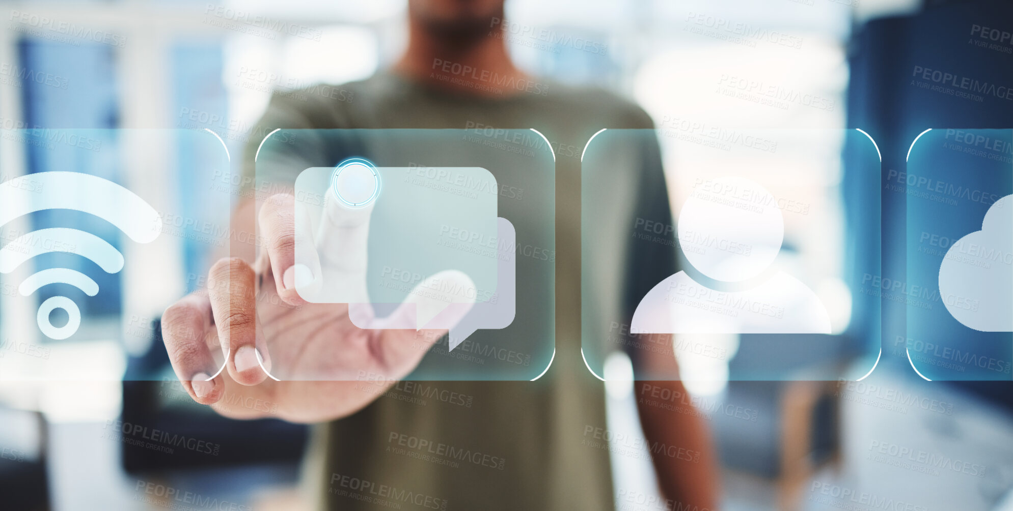 Buy stock photo Hand, future and app hologram in digital innovation for business technology at the office. Hands pointing to futuristic virtual screen with icon applications for communication and social networking