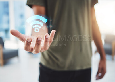 Buy stock photo Wifi hand hologram, futuristic 5g and wireless internet display to show technology innovation. Future, digital and online neon sign of a tech man worker showing metaverse,  iot and big data growth