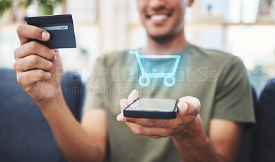 Buy stock photo Online shopping, cart hologram and credit card with phone ecommerce connection, grocery network and fintech digital marketing. Man hands, webshop payment icon and customer mobile app finance economy