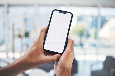 Buy stock photo Smartphone, screen mock up and business hands for mobile app, digital marketing or social media advertising in office bokeh. Corporate cellphone for software technology, logo or website mockup space