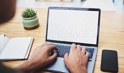 Buy stock photo Mockup, laptop or zoom of businessman hands working on communication, networking or internet research. Advertising worker with motivation vision and brand innovation planning future company growth