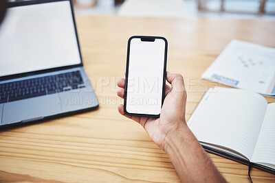 Buy stock photo Businessman phone blank screen display on table or hand showing marketing, advertising or mockup space from above. Finger typing, using wireless tech for online app, website or new modern software