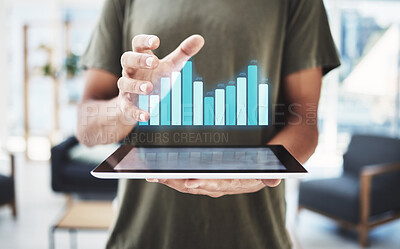 Buy stock photo Hologram chart, tablet and businessman hands in futuristic 3d data analytics, digital marketing or software finance management. Future, information technology and holographic of company online profit