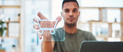 Buy stock photo Man online shopping cart, hologram and ecommerce tech connection, grocery network and fintech digital marketing. Hands, webshop interface and user connection to internet store, future system and icon