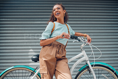 Buy stock photo Summer, smile and girl with bicycle in city to explore, journey and outdoor adventure. Fashion, beauty and happy young girl with bike in road. Cycling, carbon footprint and student in urban street
