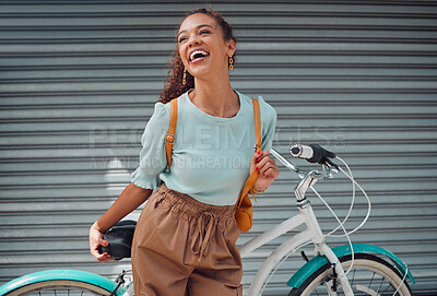 Buy stock photo Bicycle, travel and black woman student excited for outdoor lifestyle, eco friendly cycling transport on garage door background. Gen z girl with bike and backpack on her way to college or university
