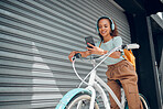 City travel, phone or bike for woman with radio headphones, podcast or music in Brazil road. Smile, happy or fashion student and mobile audio, eco friendly gps or future environment energy transport