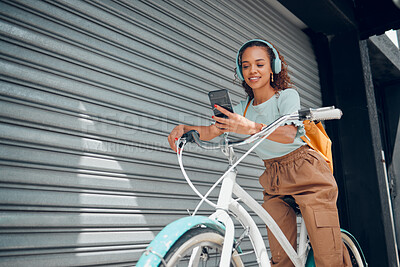 Buy stock photo City travel, phone or bike for woman with radio headphones, podcast or music in Brazil road. Smile, happy or fashion student and mobile audio, eco friendly gps or future environment energy transport