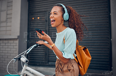 Buy stock photo Woman, happy and bicycle with music on phone while on ride in city. Black woman, excited and smile with smartphone for communication, call or streaming on app with bike to reduce carbon footprint