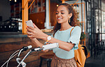 Bicycle, smartphone and black woman in city using phone for social media, carbon footprint and outdoor online communication. Student, travel bike and 5g cellphone internet search for urban wellness