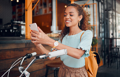 Buy stock photo Bicycle, smartphone and black woman in city using phone for social media, carbon footprint and outdoor online communication. Student, travel bike and 5g cellphone internet search for urban wellness