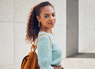 Buy stock photo City, walking and black woman student on the weekend enjoying her freedom. Summer, fashion and portrait of young girl taking walk, travelling and explore urban town in free time in trendy outfit