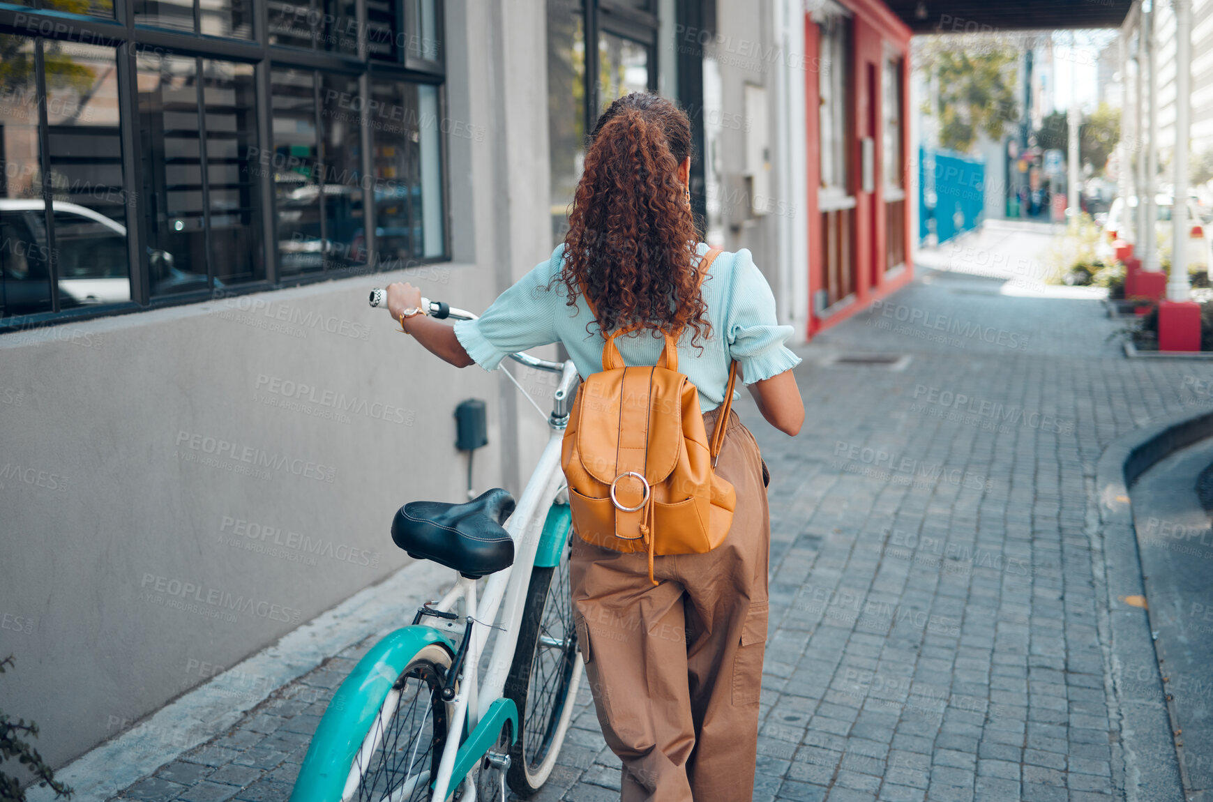 Buy stock photo Woman, bike or city travel with eco friendly, carbon footprint environment sustainability or future green energy transport. Fashion student, cool and model walking with bicycle on Brazilian sidewalk 