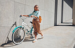 Bike, young city woman and use bicycle on a summer day outdoor with trendy fashion, edgy or casual look. Girl relax, riding and happy cut carbon footprint for sustainability or eco friendly transport