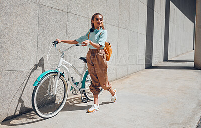 Buy stock photo Bike, young city woman and use bicycle on a summer day outdoor with trendy fashion, edgy or casual look. Girl relax, riding and lower carbon footprint for sustainability or eco friendly transport