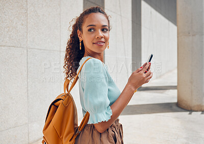 Buy stock photo City, girl and phone of student thinking with curious stare at  distraction on walk commute. University woman travelling on urban sidewalk watching activity with mobile and thoughtful look. 