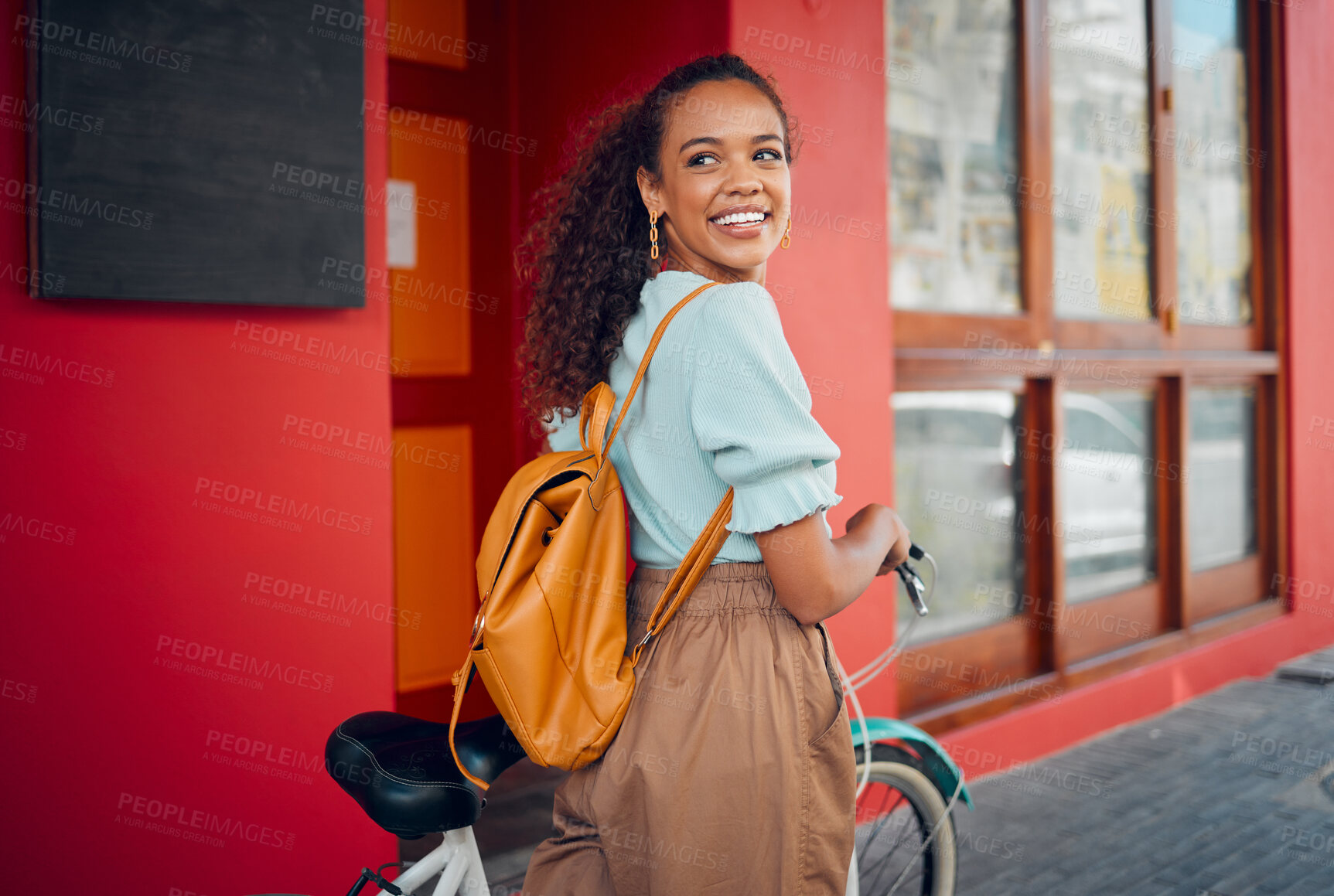 Buy stock photo Happy, smile and woman with a bicycle in the city for carbon footprint with a backpack on a walk. Happiness, cycling and girl from Mexico walking with bike in the urban street while on summer holiday