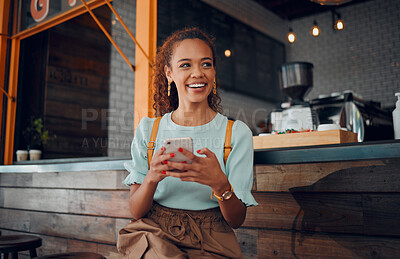 Buy stock photo Phone, social media and coffee shop with a woman customer thinking of an idea while sitting at a counter in a cafe. Mobile, internet and communication with a young female sitting in a restaurant
