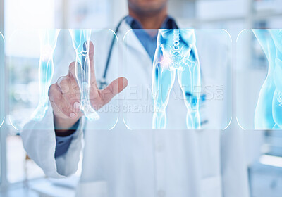 Buy stock photo Doctor, man or hands and 3D xray of abstract body scan, injury or skeleton ai in surgery, cancer research or hospital healthcare science. Zoom, x ray or medical interface of bone vr in human hologram