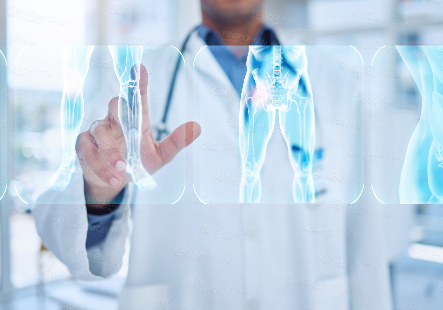 Buy stock photo Doctor, man or hands and 3D xray of abstract body scan, injury or skeleton ai in surgery, cancer research or hospital healthcare science. Zoom, x ray or medical interface of bone vr in human hologram