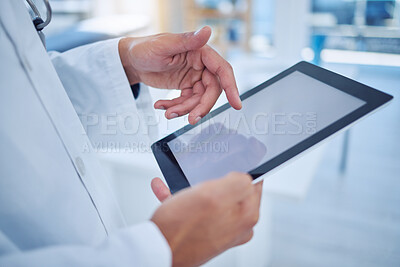 Buy stock photo Hands, tablet and healthcare with a doctor doing research with a search on the internet for insurance or medical innovation. Health, medicine and analytics with a male surgeon working in a hospital