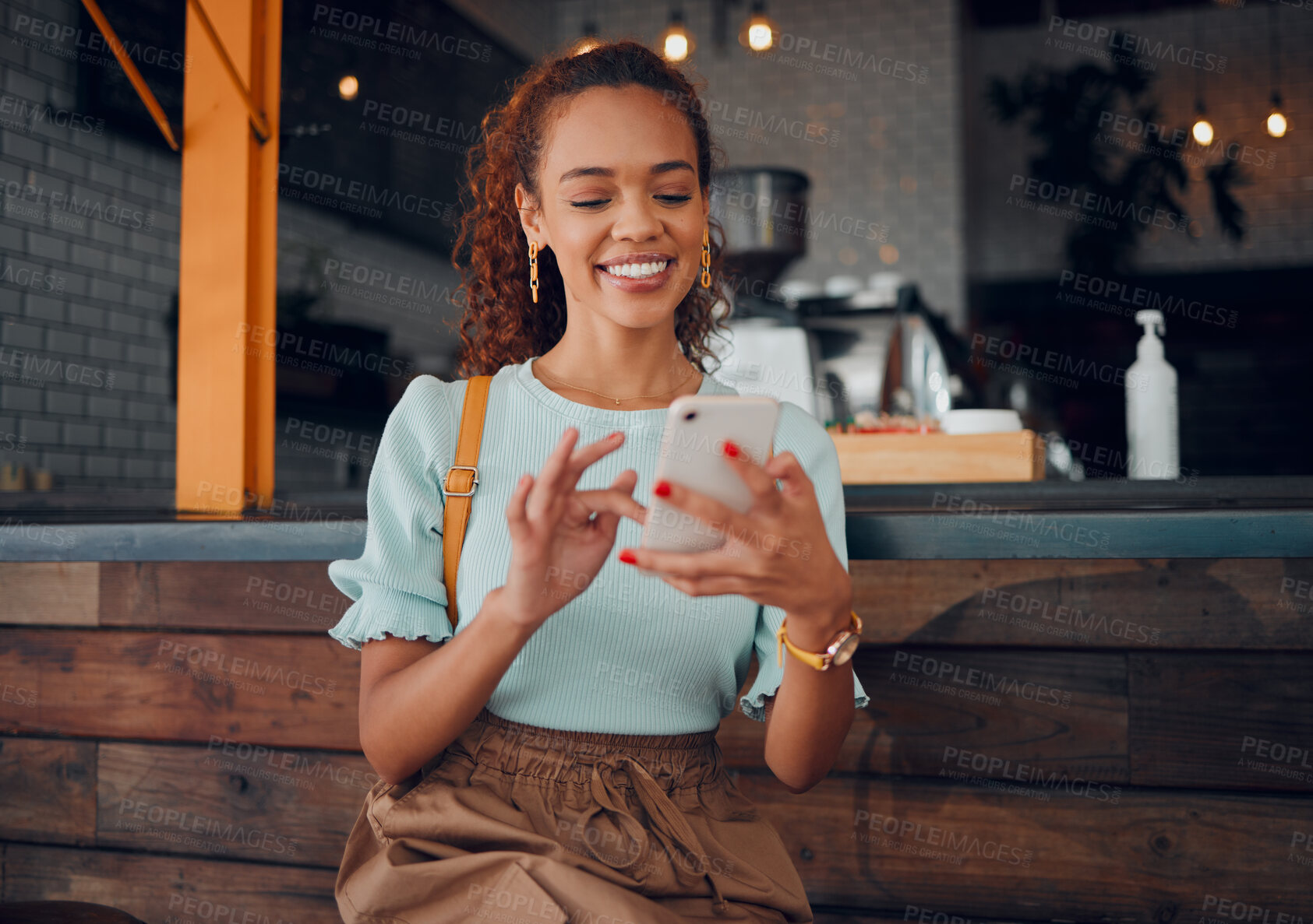Buy stock photo Restaurant, smartphone and relax black woman typing, scroll or check email, contact social media app or social network user. Happy, smile and young gen z girl with mobile tech post to online web blog