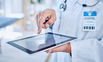 Doctor, hands and tablet research for medical news update on app at professional hospital. Healthcare expert on website for medicine breakthrough information at office with screen mockup.

