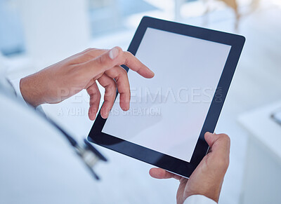Buy stock photo Tablet, screen mock up and business hands for digital marketing, advertising or social media app software background. Corporate user typing or scroll on technology mockup for logo and website space