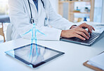 Doctor typing, laptop and tablet hologram, futuristic body graphic or ai. Health, healthcare and man with future cyber tech, pc or computer working on research on digital, 3d or holographic gadget.
