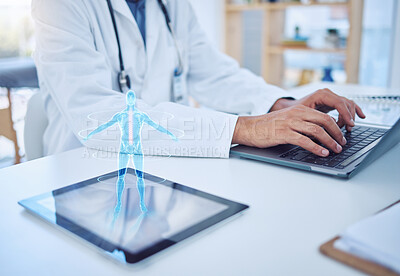 Buy stock photo Doctor typing, laptop and tablet hologram, futuristic body graphic or ai. Health, healthcare and man with future cyber tech, pc or computer working on research on digital, 3d or holographic gadget.
