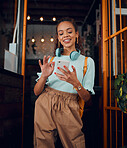 Happy gen z young woman with smartphone, social media fashion influencer in trendy cafe and youth culture in Miami. 
Trendy student communication, reading text on cell and 5g technology connection