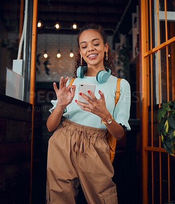 Buy stock photo Happy gen z young woman with smartphone, social media fashion influencer in trendy cafe and youth culture in Miami. 
Trendy student communication, reading text on cell and 5g technology connection