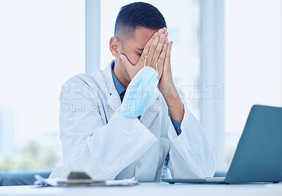 Buy stock photo Covid doctor, tired of mask in office from stress and headache from covid19 patient information report results on laptop. Medical man professional, coronavirus pandemic fear and mental health burnout