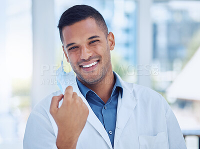 Buy stock photo Covid, healthcare and working doctor remove face mask at the end of the pandemic at a hospital. Portrait of a medical surgeon and worker happy with freedom and smile from covid 19 at a clinic