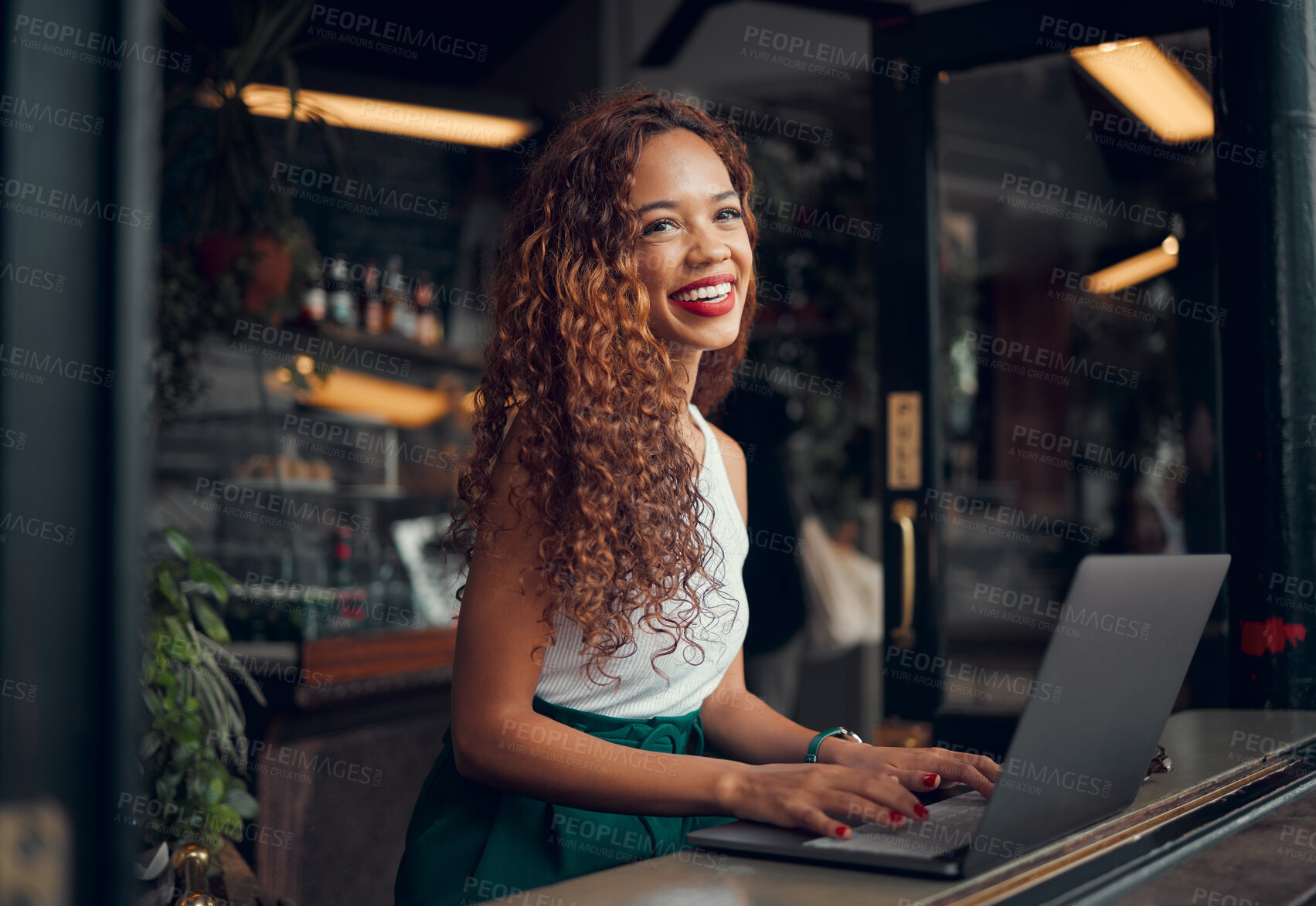 Buy stock photo African woman, laptop and remote work at restaurant writing novel, digital content research or technical copywriter. Happy girl, entrepreneur and freelance worker or planning day at restaurant 