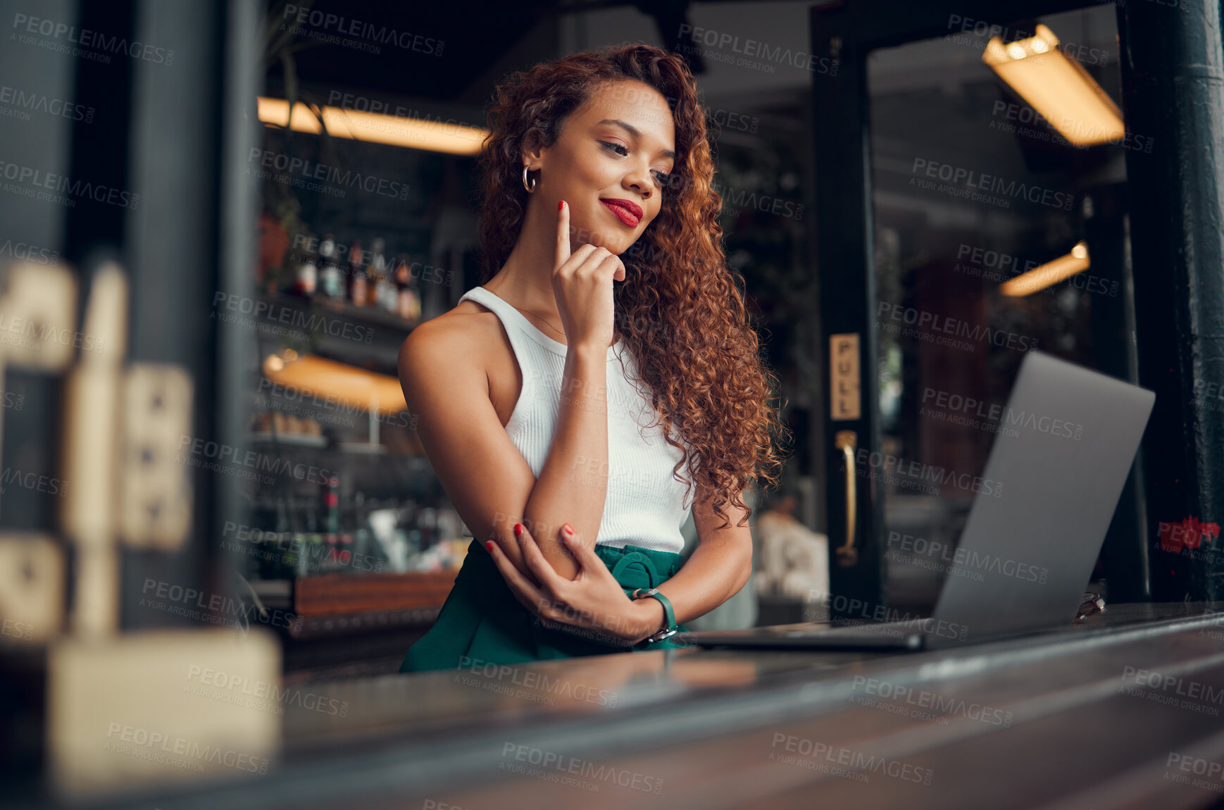 Buy stock photo Woman, laptop and thinking in coffee shop, restaurant or Brazilian cafe for remote work, fashion blog writing or ebook ideas. Happy smile, student or style entrepreneur on technology blogging website