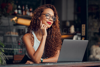 Buy stock photo Black woman, working at cafe on laptop and remote work online as digital freelance employee. Modern professional businesswoman, writing web design blog and internet connection to work at coffee shop 