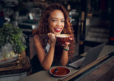 Buy stock photo Black woman, coffee at cafe and remote work on laptop for freelance online digital marketing business. Coffee shop, cappuccino and hot drink working on SEO blog strategy for web advertising campaign 