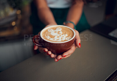 Buy stock photo Coffee, art and design with hands of woman in cafe for creative, breakfast and latte. Foam, milk and service with barista and cappuccino at countertop in coffee shop for drink, morning and lifestyle 