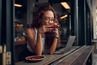 Buy stock photo Coffee shop, laptop and black woman with remote work for copywriting, website marketing or working on social media post. Entrepreneur person at an internet cafe with pc for blog website  inspiration